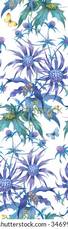 Floral composition of sea holly flowers , crickets and butterflies. Seamless background pattern version 1