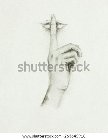 sketch represinting silence and \'shhh\' sound, pencil, hand-drawn without model
