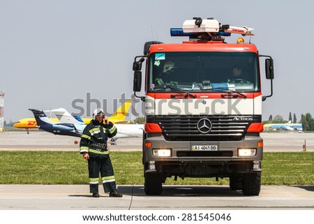 Borispol, Ukraine - May 20, 2015:Rescue team training in Borispol Airport on May 20, 2015 in Kyiv, Ukraine