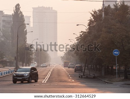 KIEV, UKRAINE - September 03, 2015: Smoke from forest fires in Kiev