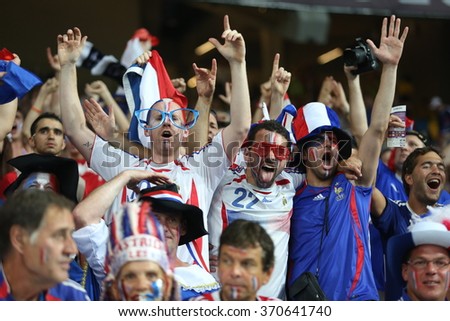 KYIV, UKRAINE - JUNE 19: France national football team supporters show their support  before UEFA EURO 2012 game against Sweden on Olympic stadium (NSC Olimpiysky) on June 19, 2012 in Kyiv, Ukraine.