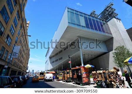 Whitney museum meatpacking district/ Whitney museum/ New York, USA - June 17, 2015: Whitney museum near the High Line Manhattan on a sunny day with people walking and vendors selling items