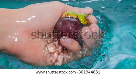 Mangosteen on hand in the water effect.