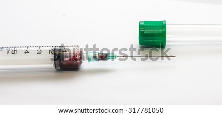 Used syringe, needle and tube for chemistry laboratory.