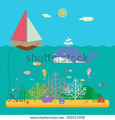 Landscape of marine life - sailing boat in ocean and underwater world with different animals. Flat illustration of snorkeling in sea ecosystem.