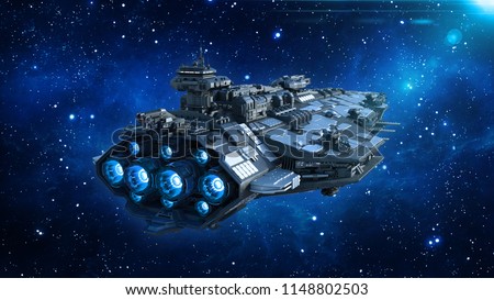 Alien spaceship in the Universe, spacecraft flying in deep space with stars in the background, UFO rear view, 3D rendering