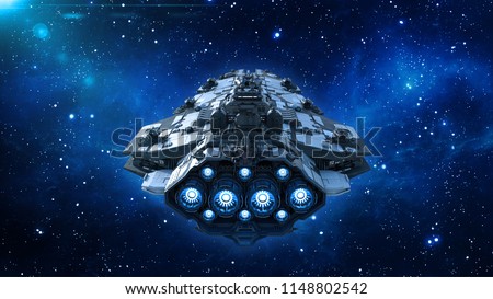 Alien spaceship in the Universe, spacecraft flying in deep space with stars in the background, UFO back view, 3D rendering