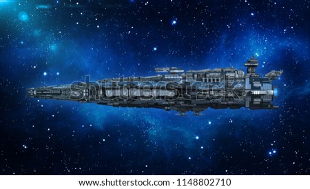 Alien spaceship in the Universe, spacecraft flying in deep space with stars in the background, UFO side view, 3D rendering