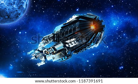 Alien mothership, spaceship in deep space, UFO spacecraft flying in the Universe with planet and stars, rear bottom view, 3D rendering
