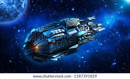 Alien mothership, spaceship in deep space, UFO spacecraft flying in the Universe with planet and stars, rear view, 3D rendering