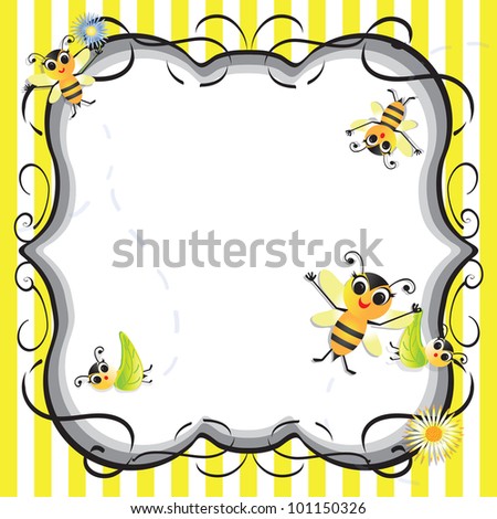 bee baby shower with Flying bees and baby bees wrapped in a leaf yellow and white stripes and pretty black and grey swirls as a background