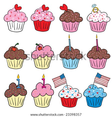 stock vector Cute Cupcakes with hearts diamond ring candle and American 