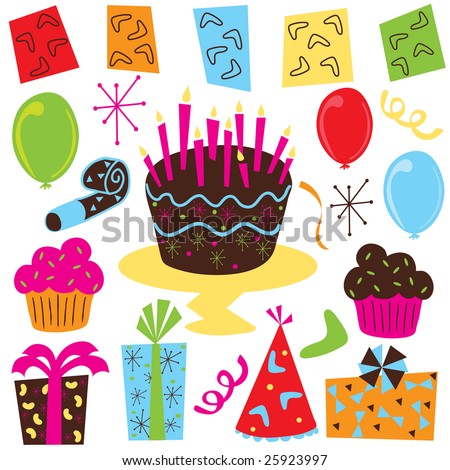 stock vector : Retro Birthday Party Supplies, including balloons, party 