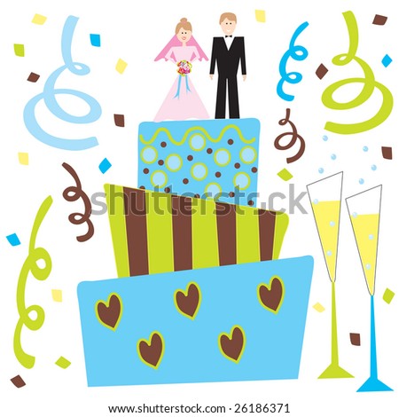 stock vector Retro wedding cake with cute bride and groom on top