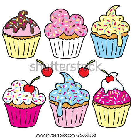 emo cupcakes cartoon. colorful cupcakes cartoon. stock photo : Cupcakes drawn