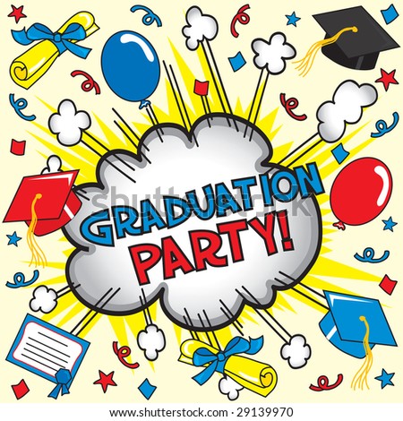 Comic book inspired party invitation with diploma, cap and balloons!