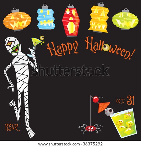 Halloween cocktail Party Invitation. Dancing, drunk Mummy with creepy cocktails and Jack-o-Lanterns.  Room for your text