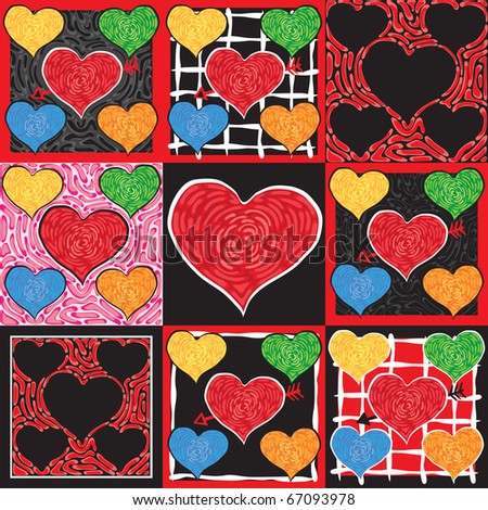 Fun and Funky valentine doodle hearts in a colorful quilt like pattern