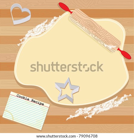 Cookie Party Invitation with dough, rolling pin, cookie cutters and recipe card, on wooden board