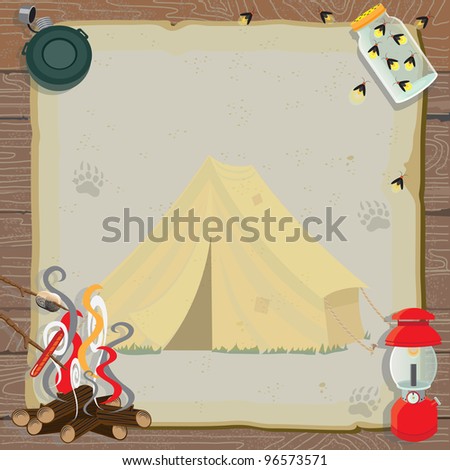 Rustic camping party invitation with an old fashioned tent, lantern, canteen, jar of fireflies and a roaring fire for roasting marshmallows and hotdogs all on old vintage paper