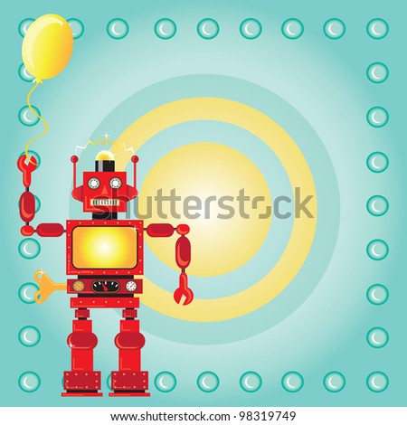 Robot Birthday Party Invitation with red wind-up robot holding a party balloon on a bullseye background and a bolt frame