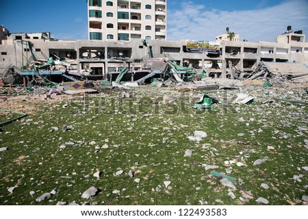 GAZA, PALESTINIAN TERRITORY - DECEMBER 3: The ruins of a Palestinian football stadium hit by an Israeli air strike, Gaza City,  December 3, 2012.