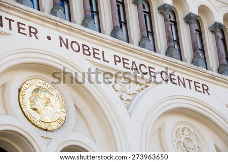OSLO - APRIL 29: A golden image of the Nobel Peace Prize decorates the front of the Nobel Peace Center in Oslo, Norway, April 29, 2015.
