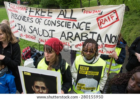OSLO - MAY 19: Human rights activists protest at the Saudi Arabian embassy in Oslo, Norway, to demand the release of imprisoned Saudi blogger Raif Badawi, May 19, 2015.