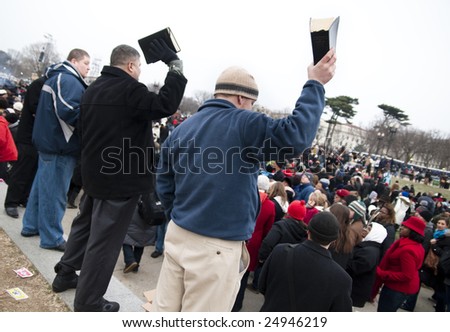 WASHINGTON, DC - JAN. 18: Fundamentalist Christians wave Bibles and preach to crowds on the National Mall celebrating the 2009 inauguration of Barack Obama.