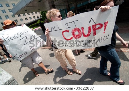 WASHINGTON, DC - JULY 1, 2009: Activists march at the U.S. State Department to protest the military coup against Honduran President Manuel Zalaya on July 1, 2009.