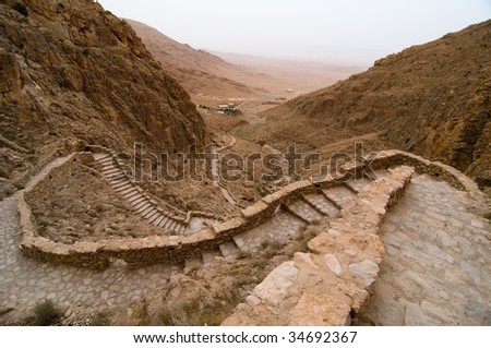 Thousands of stairs climb the desert mountains to reach the Mar Musa (Saint Moses), monastery in Syria.