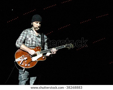 LANDOVER, MD - SEPT 29: The Edge, guitarist of the Irish rock band U2, performs live at FedEx Field to a packed house at the 90,000 seat stadium during the band\'s \