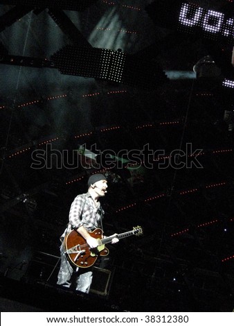 LANDOVER, MD - SEPT 29, 2009: The Edge, guitarist of the Irish rock band U2, performs live at FedEx Field to a packed house at the 90,000 seat stadium during the band\'s \