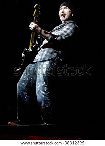 LANDOVER, MD - SEPT 29, 2009: The Edge, guitarist of the Irish rock band U2, performs live at FedEx Field to a packed house at the 90,000 seat stadium during the band's 