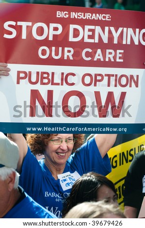 WASHINGTON, DC - OCTOBER 22: A health-care reform advocate marches at a meeting of America\'s Health Insurance Plans (AHIP) on October 22, 2009 in Washington, DC.