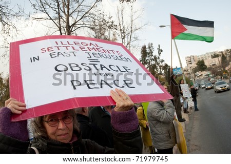 EAST JERUSALEM - FEBRUARY 26: A week after the US vetoed a UN Security Council resolution condemning Israeli settlements, activists protest in East Jerusalem on Feb. 26, 2011.