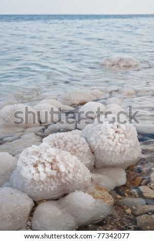 The exceptionally salty waters of the Dead Sea form encrusted layers on rocks along the shore.