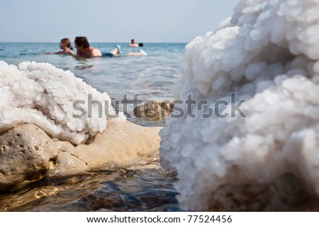 EIN GEDI, ISRAEL - APRIL 9: Dead Sea beach goers float in the exceptionally salty waters which form encrusted layers on rocks along the shore at Ein Gedi National Park, Israel, on April 9, 2011.