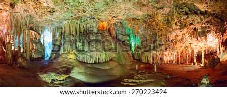 Colorful stalactites and stalagmites in the underground cave