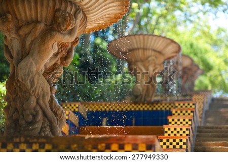 BARCELONA, SPAIN - JULY 17, 2012: Museum of Catalonia fountains are situated below the Museum, on the Montjuic hill. The fountains were constructed in 1929 to Barcelona International Exposition.