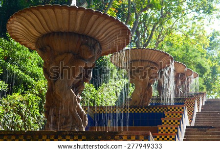 BARCELONA, SPAIN - JULY 17, 2012: Museum of Catalonia fountains are situated below the Museum, on the Montjuic hill. The fountains were constructed in 1929 to Barcelona International Exposition.