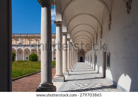 NAPLES, ITALY - MAY 2012: Columns and shadows. Arch pathway at the Certosa di San Martino museum.