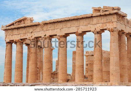 The Parthenon - is a former temple on the Athenian Acropolis, Greece, dedicated to the goddess Athena, whom the people of Athens considered their patron. Athens, Greece.