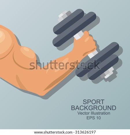 Hand of bodybuilder. Brawny arm with dumbbell isolated. Flat style. Logo. Sports emblem, icon.  Vector  illustration.