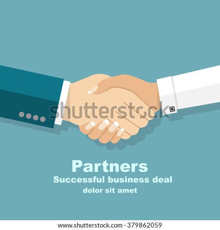Handshake men and women. Handshake of business people partners businessmen and businesswomen. Hand shaking meeting agreement. Vector flat design. Symbol of successful transaction.