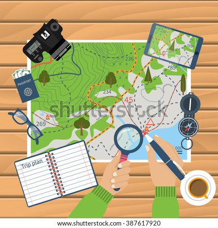 Man at table with map and tourist equipment plan to travel. Trip plan vector, travel guide. Hiking map, trail. Time for travel and adventure. Camera, map, compass, gps. Banner template. Flat design