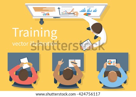 Business training staff, concept. Briefing meeting. Corporate training. Business seminar. Flat style vector. Conference employee. Training conference planning business decisions.