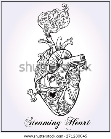 Mechanical clockwork metal steaming human heart steam punk style Hand drawn line art Vintage Victorian Beautiful tattoo template Isolated vector illustration design element Silver white paper Mechanical clockwork metal steaming human heart steam punk style Hand drawn line art Vintage Victorian Beautiful tattoo template Isolated vector illustration design element Silver white paper