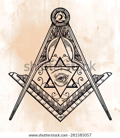 Freemasonry emblem, masonic square compass God symbol. Trendy alchemy element. Religion philosophy, spirituality, occultism, chemistry, science, magic. Design tattoo art. Isolated vector illustration.