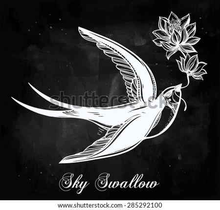 Hand drawn flying swallow bird with flower vintage retro style. Elegant tattoo art, romance, Love, magic, freedom ,scrap cooking, textiles, invitations. Isolated vector illustration.